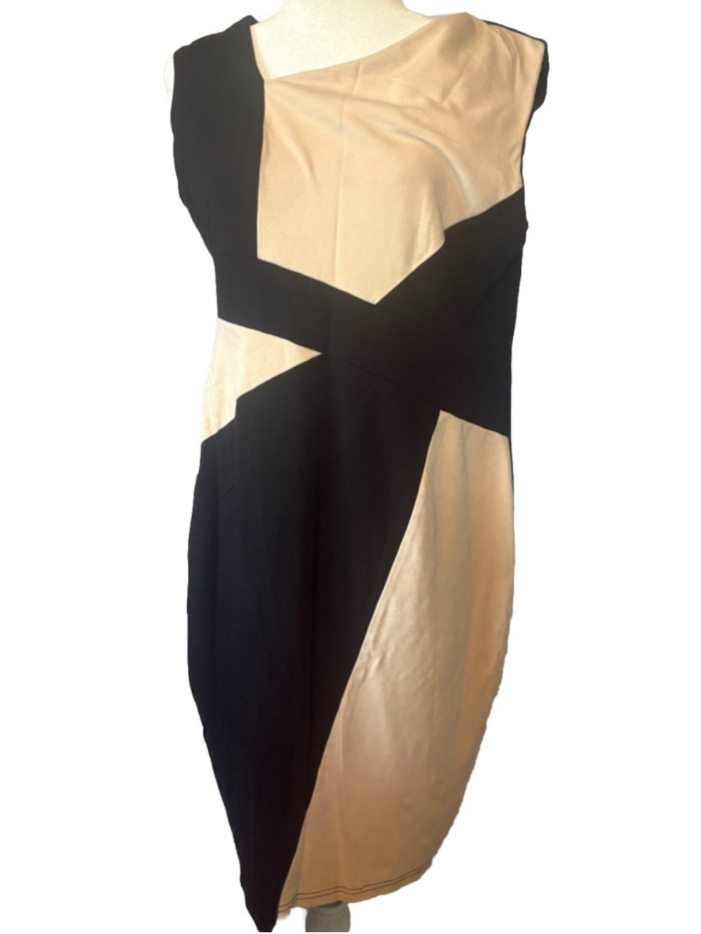 Colorblock Sheath Dress 2XL Black Tan Geometric Bodycon Stretch Business/Work
